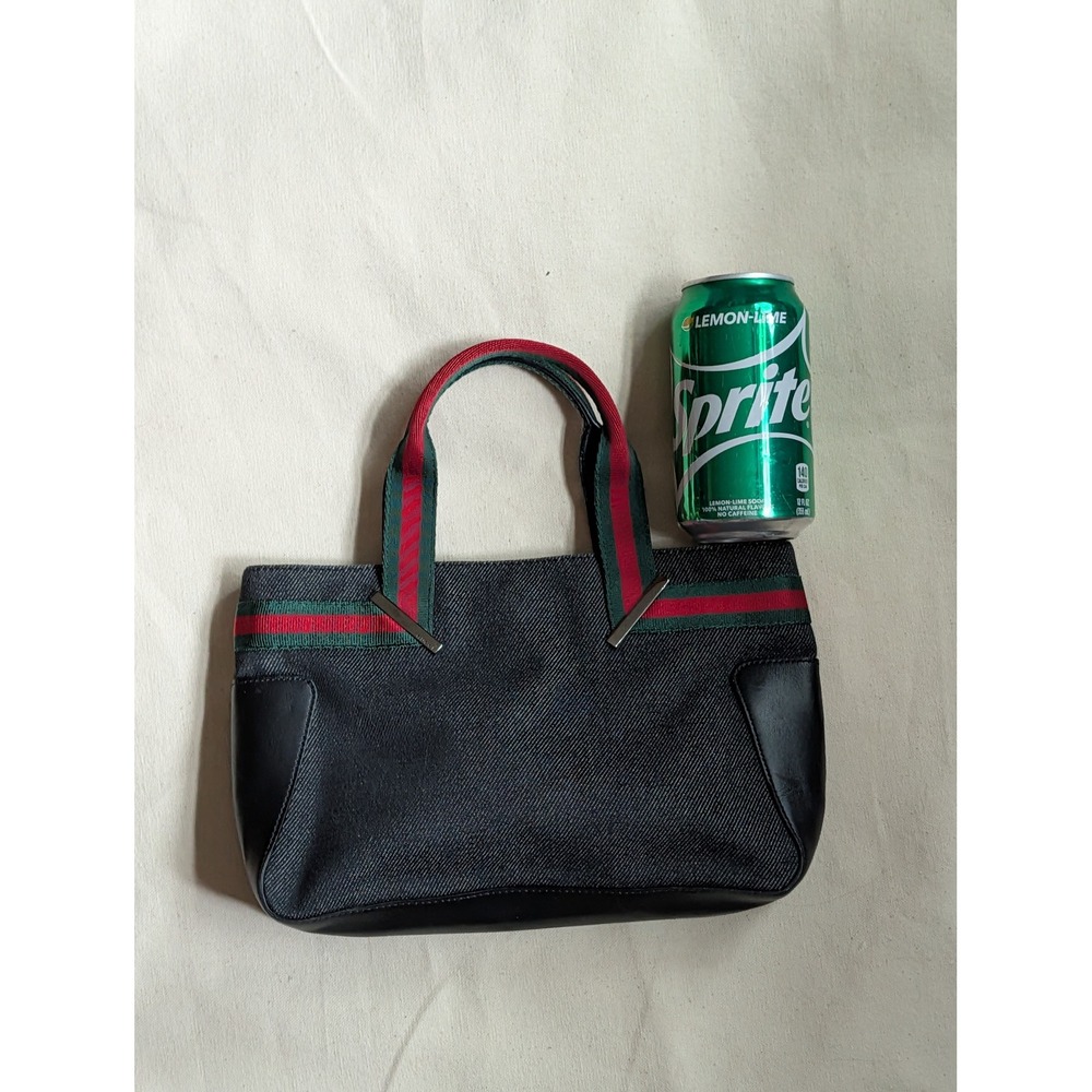 Gucci Black Denim Sherry Line Stripe Small Tote Handbag 002-1064
